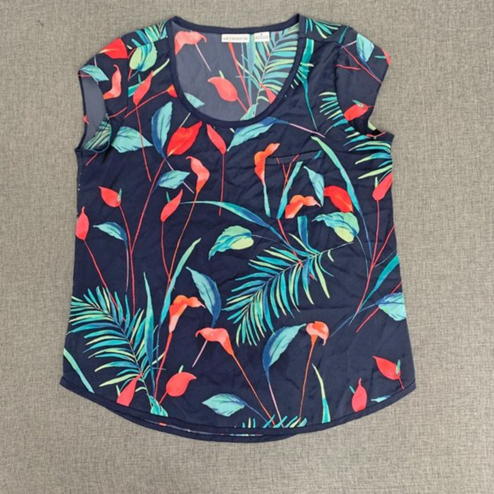 Liz Claiborne Tropical Lightweight Blouse Pullover Cap Sleeve Small Navy Blue